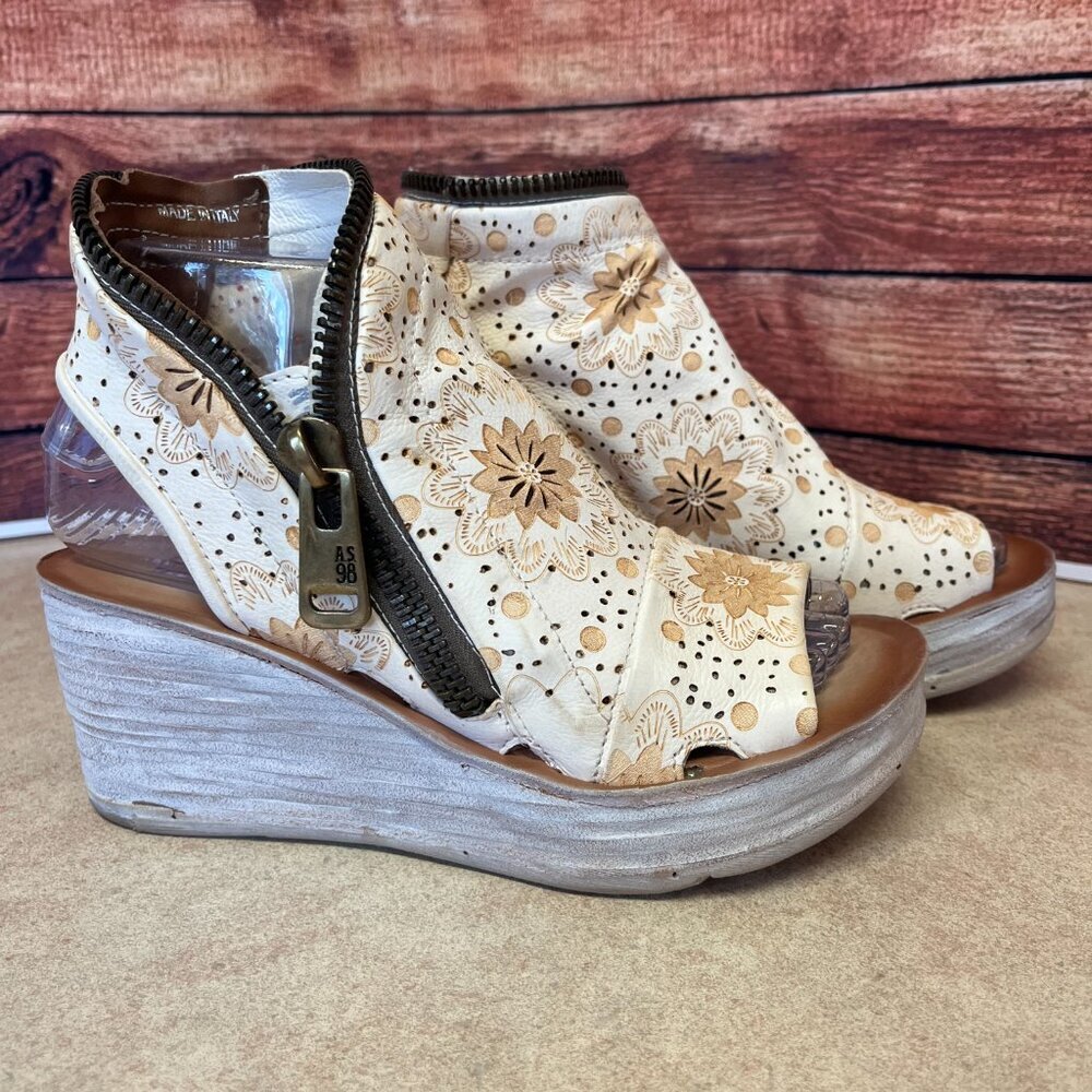 A.S.98 Leather Milk Peep Toe Wedge Espadrilles Sandal